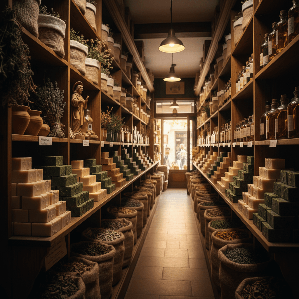 Aisle with herbal soaps and dried herbs