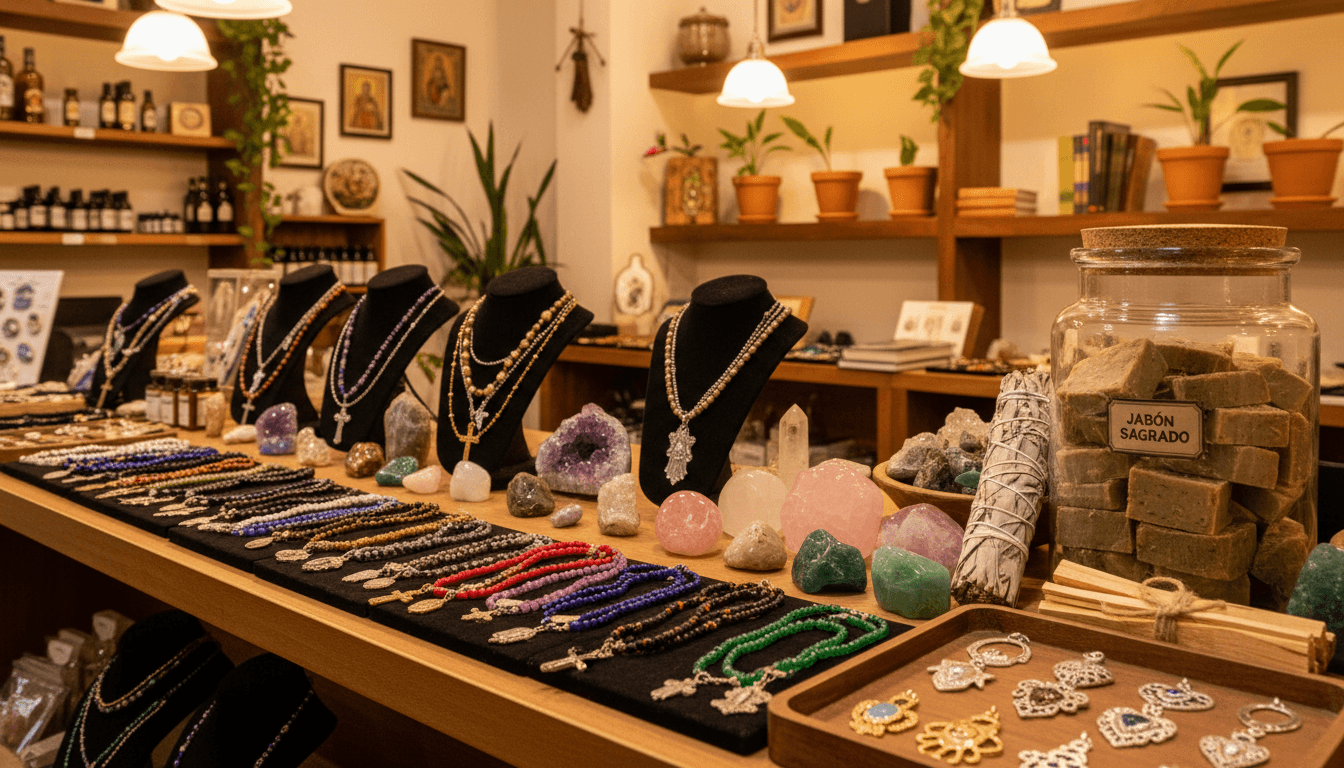 Wooden counter display of blessed jewelry, crystals, and a glass jar of herbal soap in a warm-lit botanica store interior on Seventh Street
