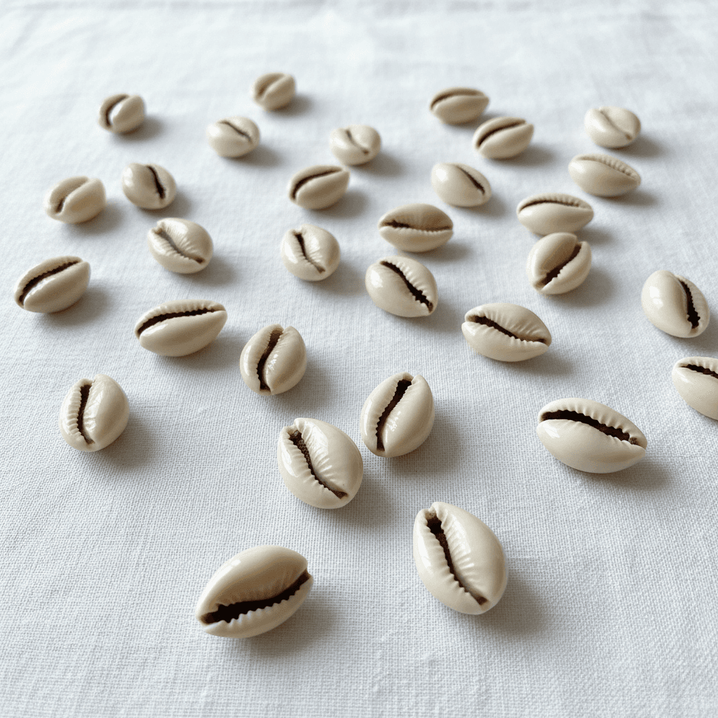 Cowrie shells scattered on a white cloth for a reading