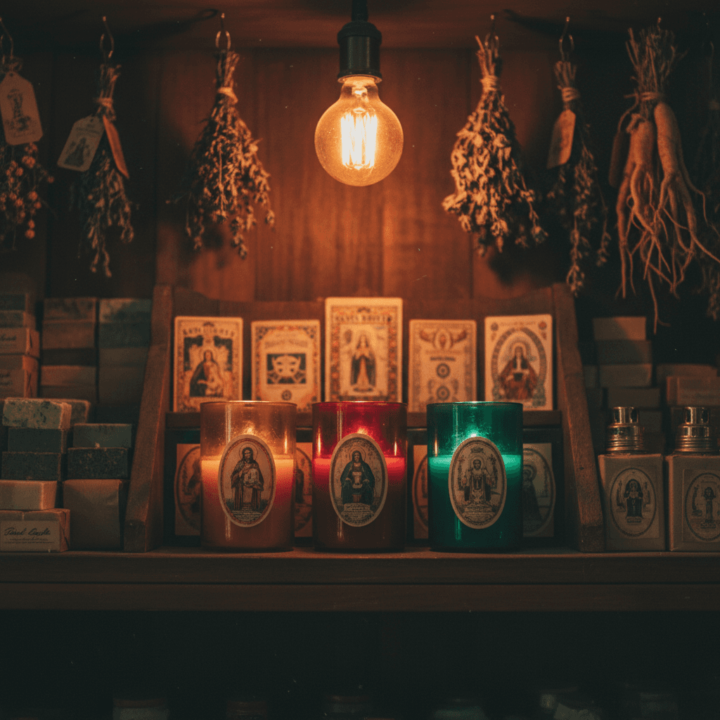 Shelves with blessed candles and prayer cards