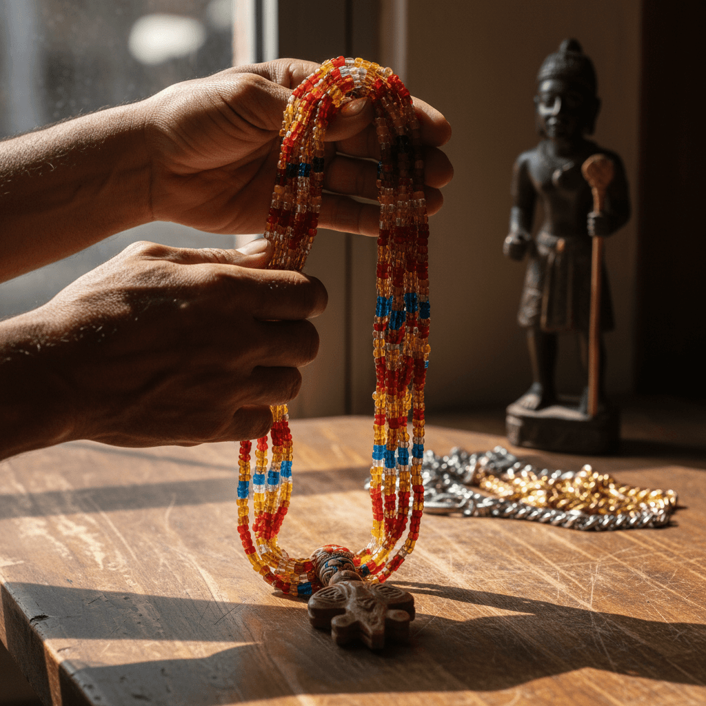 Blessed collares resting on a wooden counter