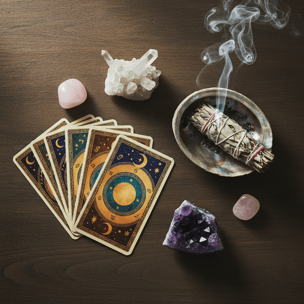 Astrology cards, crystals, and sage on a table