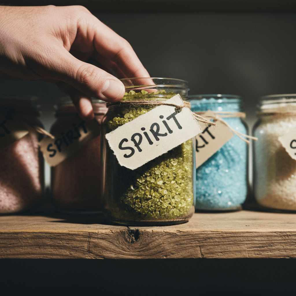 Jars of spiritual bath salts on a shelf