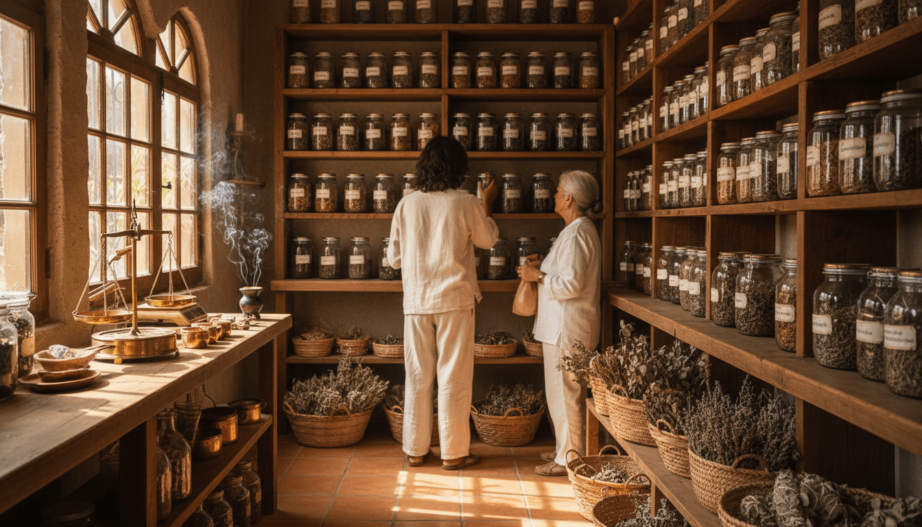 Warm interior of a botanica with shelves of candles and crystals, a reading table in the foreground