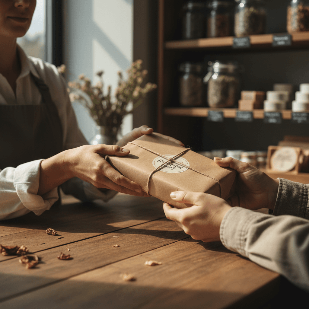 Customer and shopkeeper talking at the counter