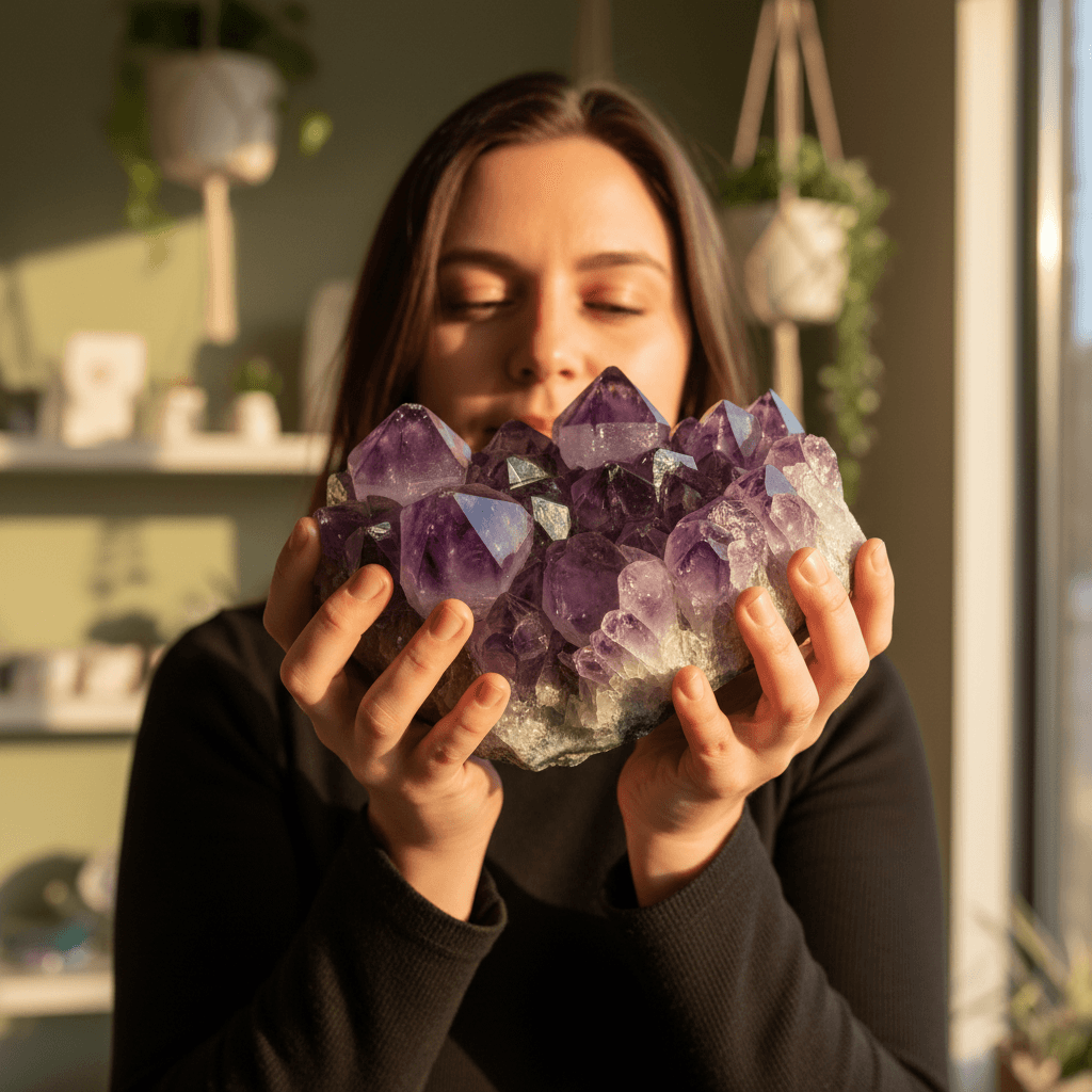 Hand reaching for crystals on a shelf