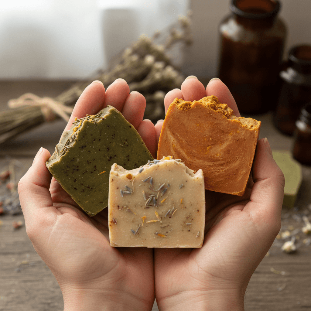 Herbal soap and dried herbs on a counter