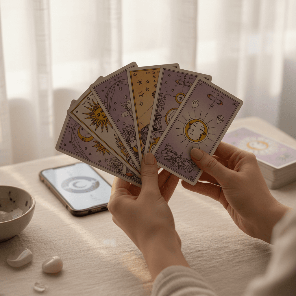 Hands shuffling tarot cards on a wooden table