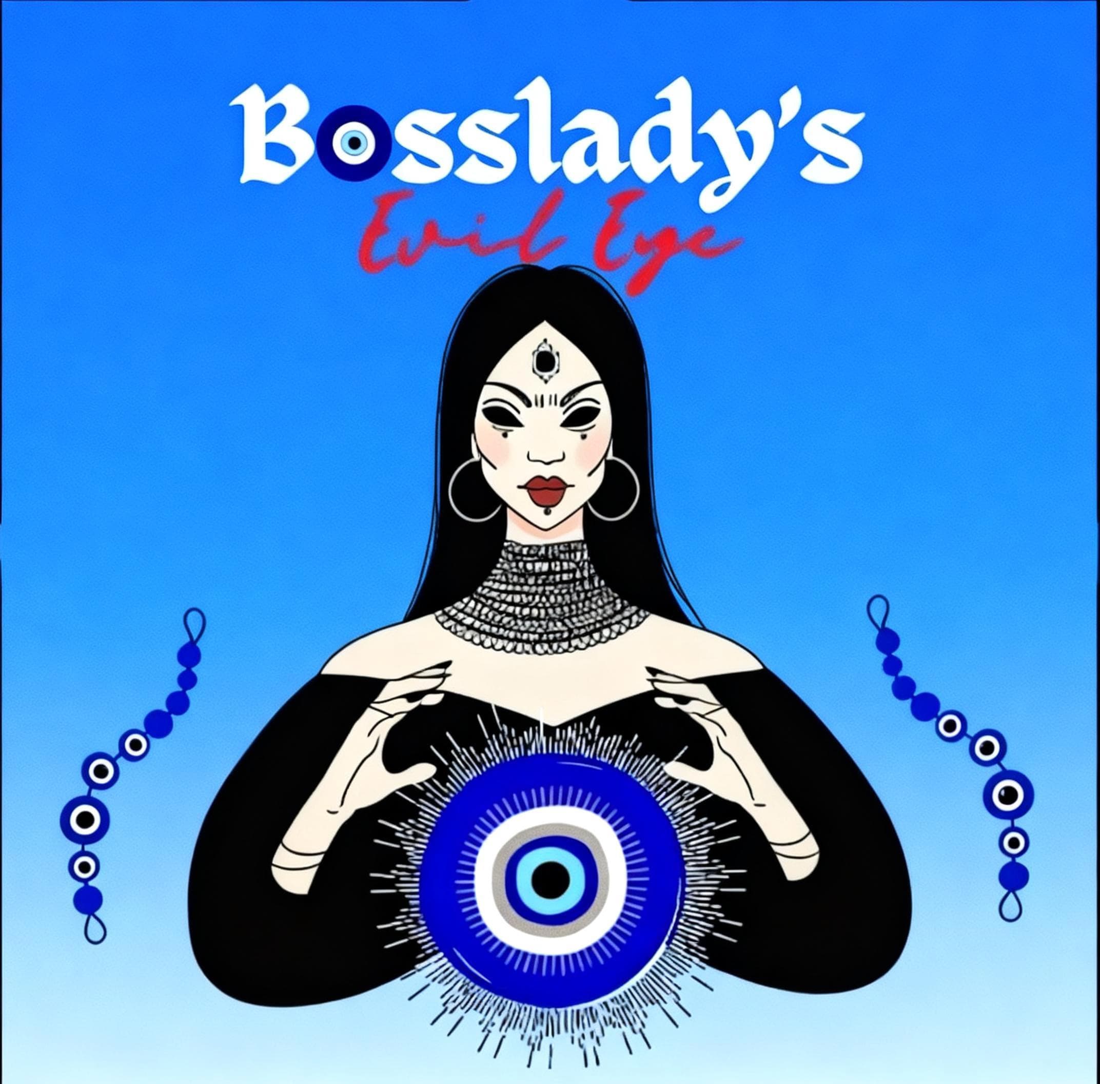 Stylized woman with third eye holding a glowing blue evil eye, Bosslady's Evil Eye.